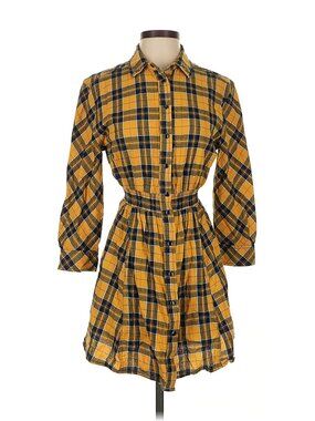 Desigual Yellow Plaid Button-Front Shirt Dress Xs